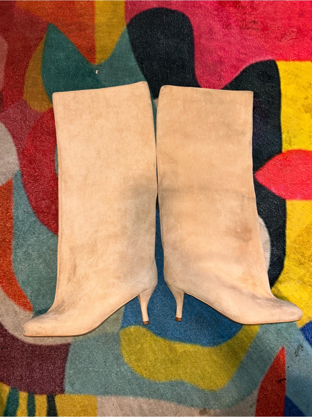 Beige Suede Knee-High Heeled Boots - Women's - Picture 2 of 3